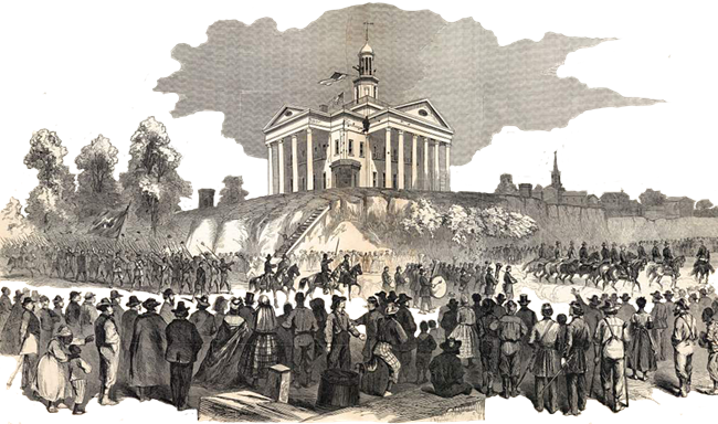 A drawing from Frank Leslie's Illustrated Newspaper depicting Confederate prisoners, citizens, and freed enslaved people watching Grant's victorious army march into Vicksburg.