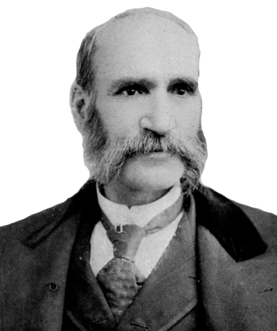 Black and white image of bald white man with facial hair