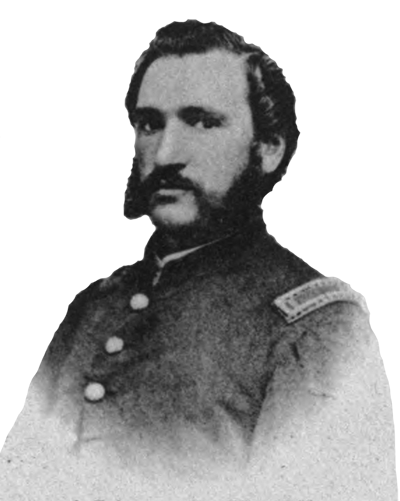 A black and white image of Patrick White in officer jacket with shoulder straps and bushy facial hair.