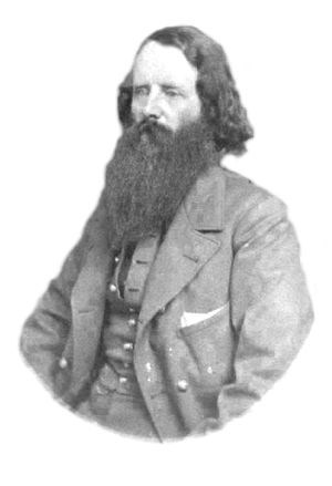 A black and white picture of Carter L. Stevenson with a long beard wearing a Confederate jacket.