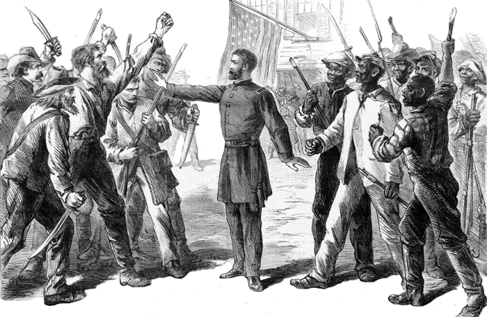 A black and white drawing of angry white and angry black mobs with a Union officer standing between them.