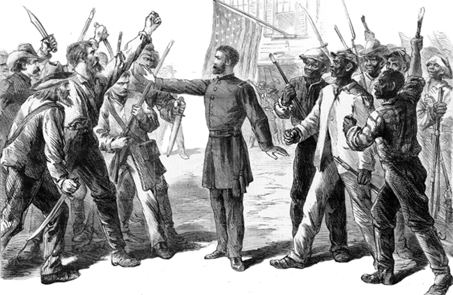 A black and white drawing of angry white and angry black mobs with a Union officer standing between them.