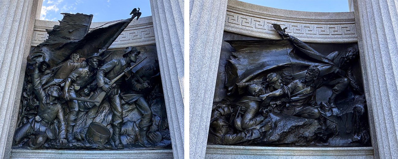 Left image shows relief sculpture of several men in uniform and holding guns and flags moving in the same direction. The left image shows the relief sculpture of injured men and holding onto a flag and moving towards same direction