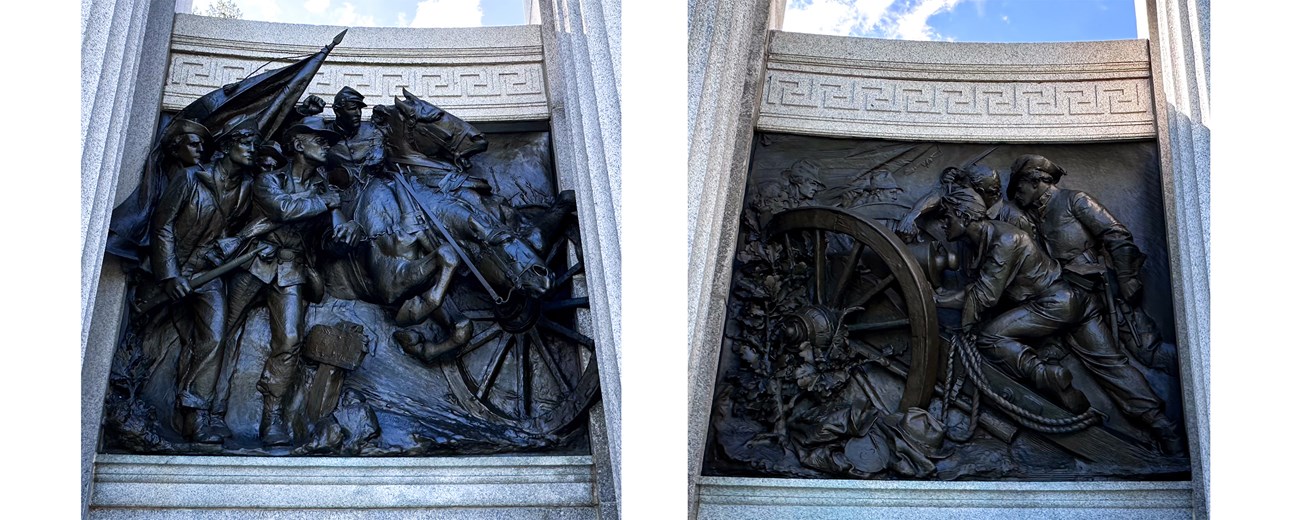 the left image shows a relief sculpture of several men and a horse moving in the same direction. The right image shows the relief sculpture of several men behind a large cannon