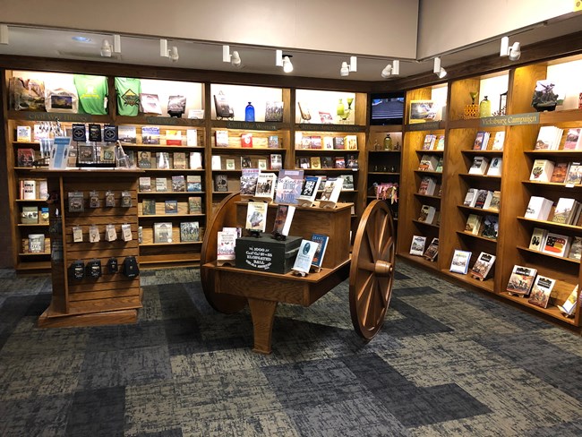 A view of the bookstore shelves with books on them.