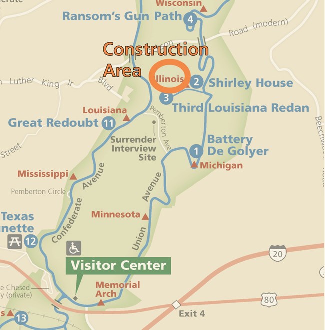 Map of the park showing park roads and monument locations. In the center is a large orange circle around the world Illinois. Overlay on the map next to the circle are the words Construction Area
