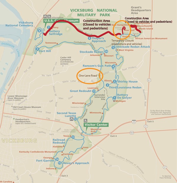 Map of park with closures noted on roads in the northern area of the park and a temporary one lane closure on the Confederate Ave bridge over Jackson Rd