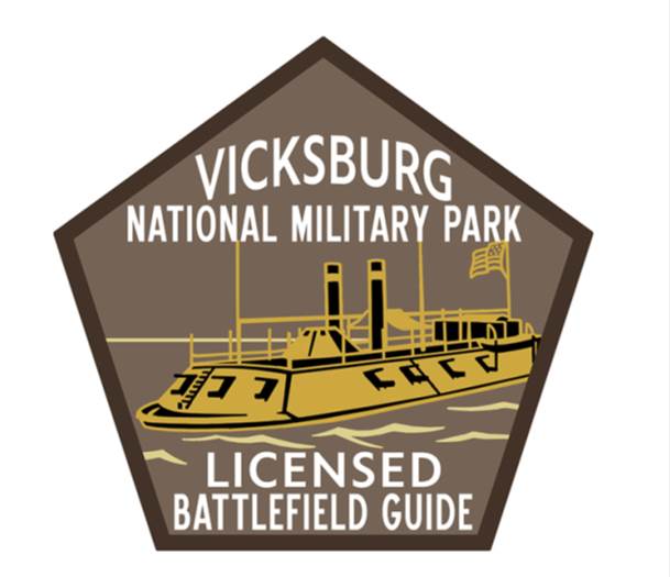 Patch with text that says Vicksburg National Military Park/Licensed Battlefield Guide Patch and an image of an ironclad ship, the USS Cairo.