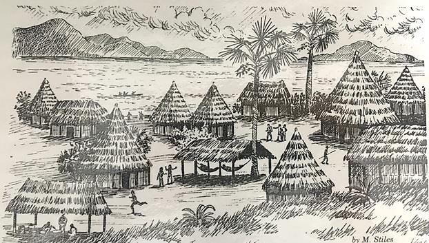 A Taino village scene showing village huts and hammocks along the shore.