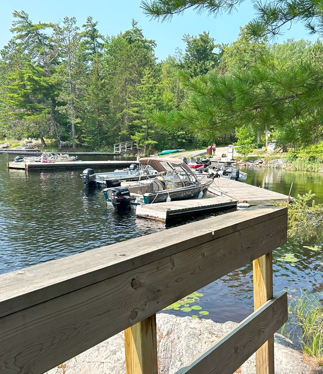 A fleet of boats are secured to a series of docks on a scenic lakeshore on a calm summer day.