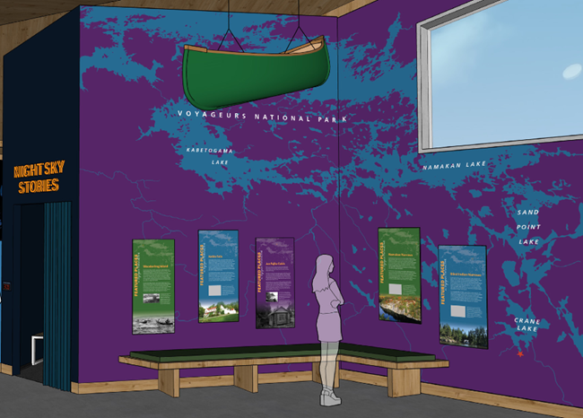 An artistic schematic drawing of the interior design of the Crane Lake Visitor Center