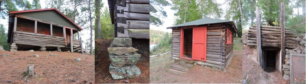 Images of a cabin, sauna, and root cellar at IW Stevens Island