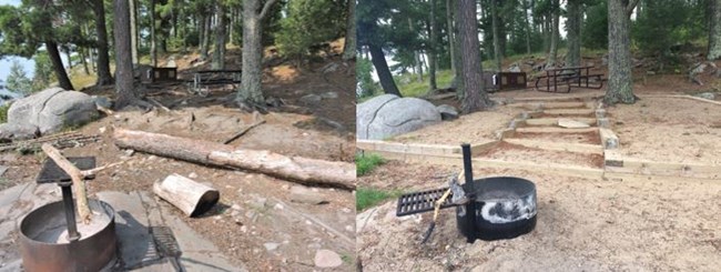 Before and after photo of a rehab project at Pine Point campsite