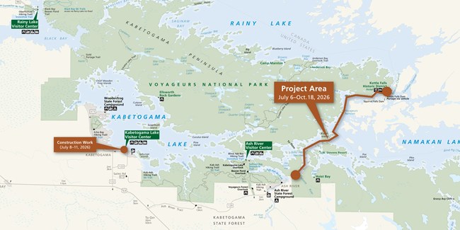 Map of areas impacted by Kettle Falls powerline project work including the Kabetogama Visitor Center boat launch and the route from Moose River.