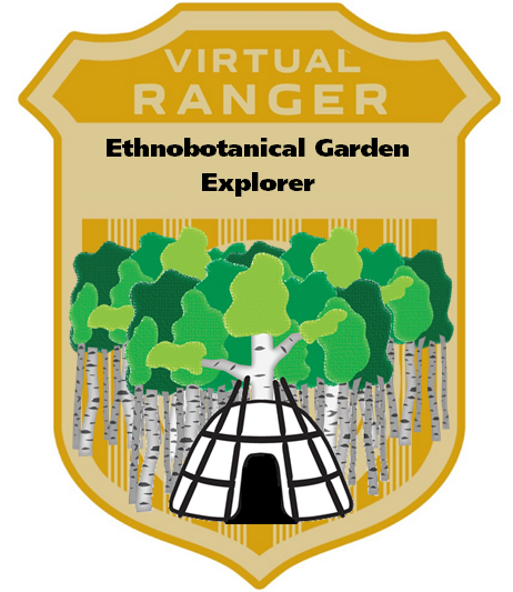 The badge reads "Virtual Ranger Ethnobotanical Garden Explorer". Under the text, there is a waaginogaan surrounded by birch trees.