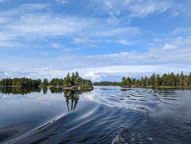 A set of waves rolls over the surface of a scenic lake rimmed by evergreen trees.