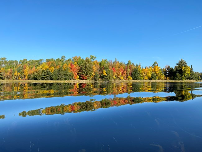 Red, gold, and green trees cast vivid reflections on the water of a scenic shoreline.