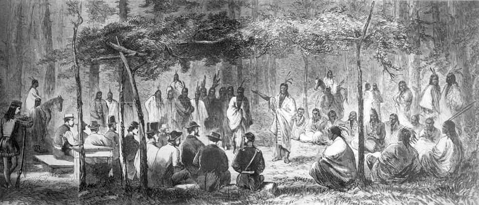Medicine Lodge Treaty depiction showing gathering Cheyenne Indians gathered with Peace Commissioners in a circle. In the center is a Cheyenne man with hand outstretched and giving a speech.