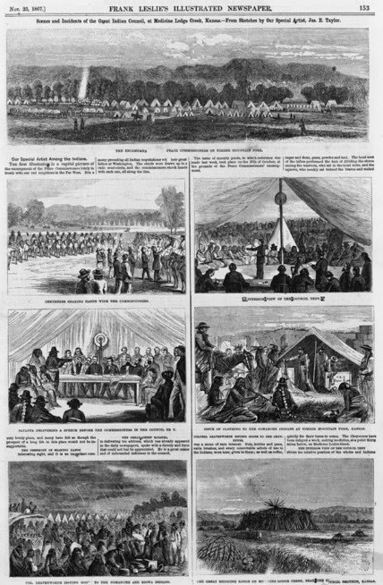 Frank Leslie's Illustrated Newspaper, from the 1860's, depicting lithograph images of the Medicine Lodge Treaty. Such images depict important events from the treaty, such as Indians meeting with peace commissioners in discussions.