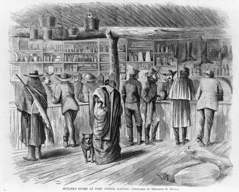 1860's lithograph of a sutler's store in Fort Dodge, Kansas.