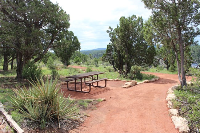 A wheelchair friendly picnic table is located adjacent to the Rim Trail.