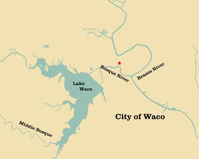 A map of the Bosque and Brazos Rivers, nearby Waco Mammoth