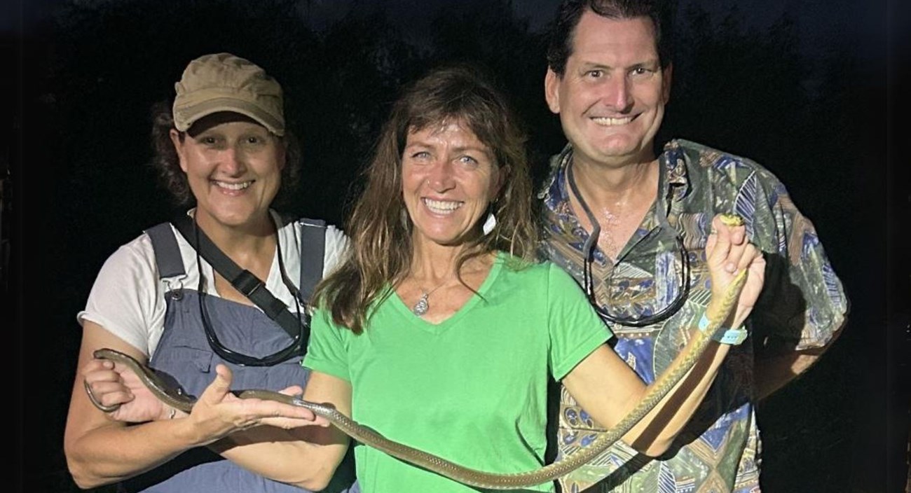 Three representatives from the National Park Service, U.S. Geological Survey, and U.S. Fish and Wildlife service smile for a picture while holding up a long brown treesnake during a night patrol.