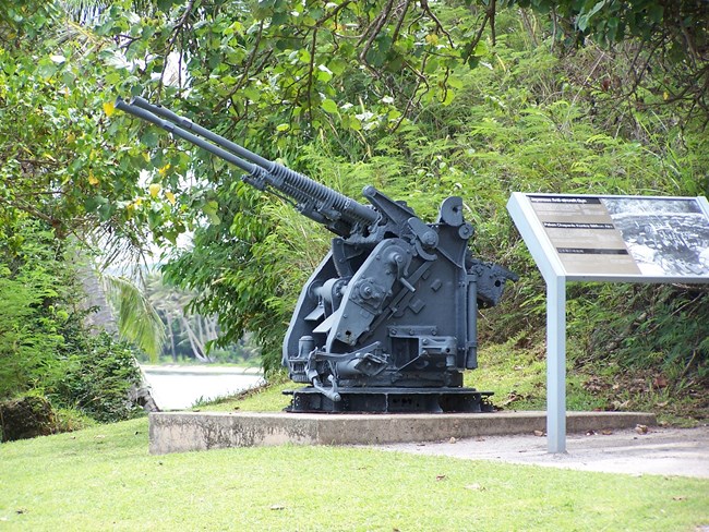 A large, two-barreled mounted gun on a concrete platform. An interpretive sign stands to the right of it.