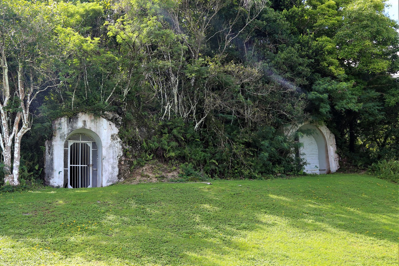 Two gated concrete arches set into a hill covered in greenery