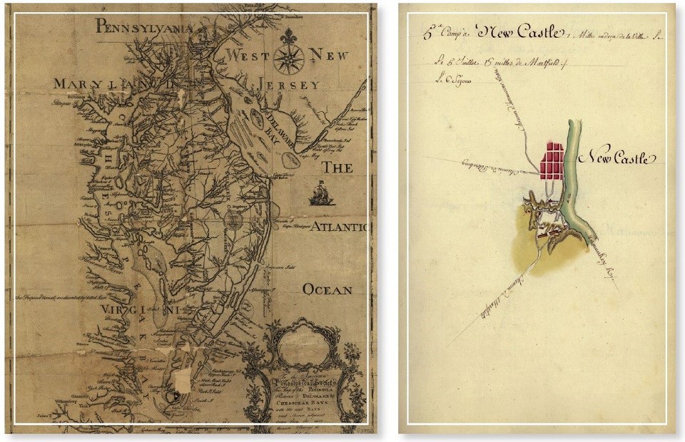 An 18th-century map of New Jersey, Maryland, Virginia, and Pennsylvania and an 18th-century map of New Castle, Delaware