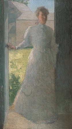 A painting of a women standing in a doorway.