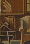 Section of Sperry Andrews painting that includes a chair, shelves with items used for art-making painted in brown and orange tones.