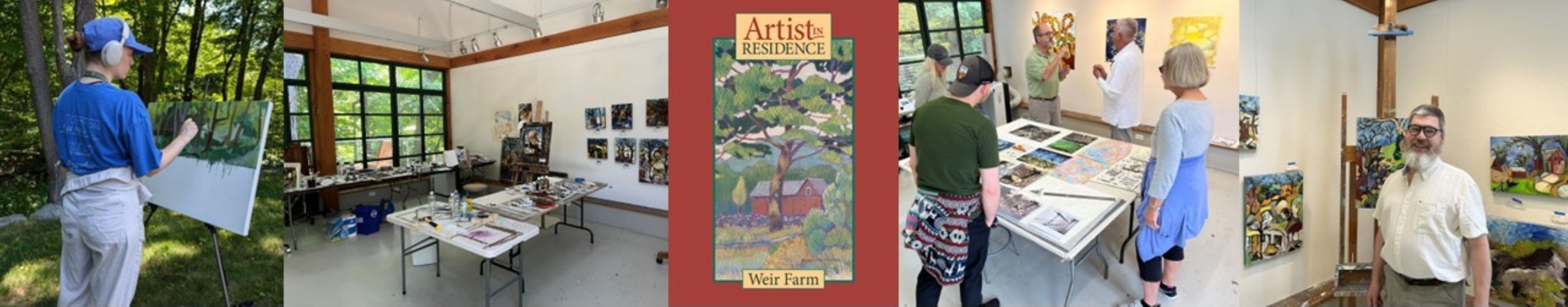 Row of images including logo for Weir Farm Artist-in-Residence program and images of past artists at work outdoors and in the studio