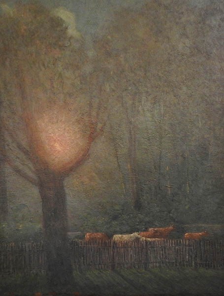 Nocture painting of a large tree, a glowing pink moon with a group of cows behind a fence.