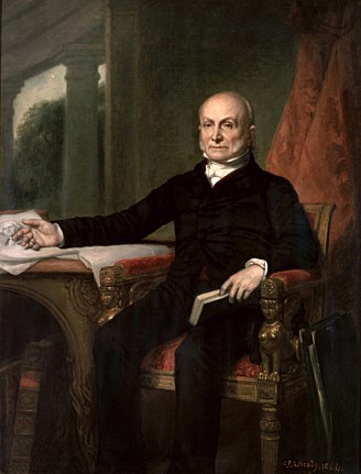Portrait painting of John Quincy Adams, seated in a chair and holding a book