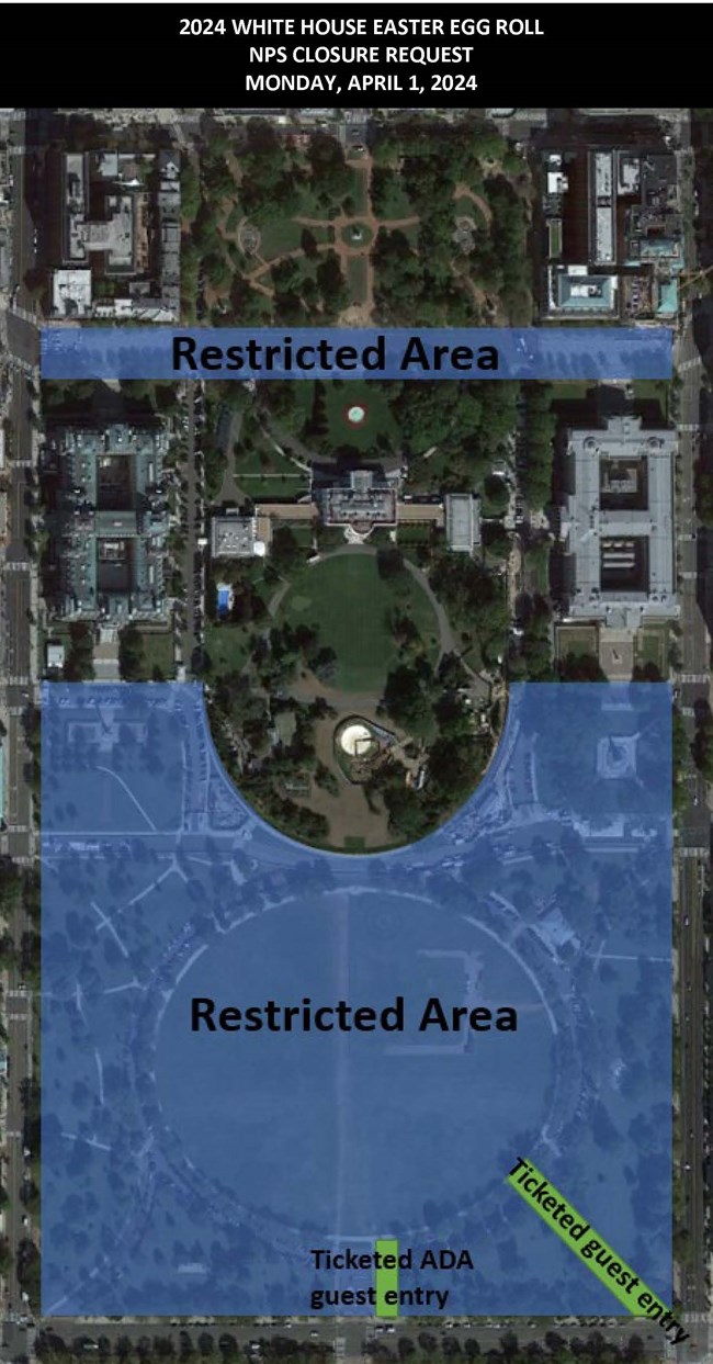 Map showing closed park areas for the 2024 White House Easter Egg Roll event.