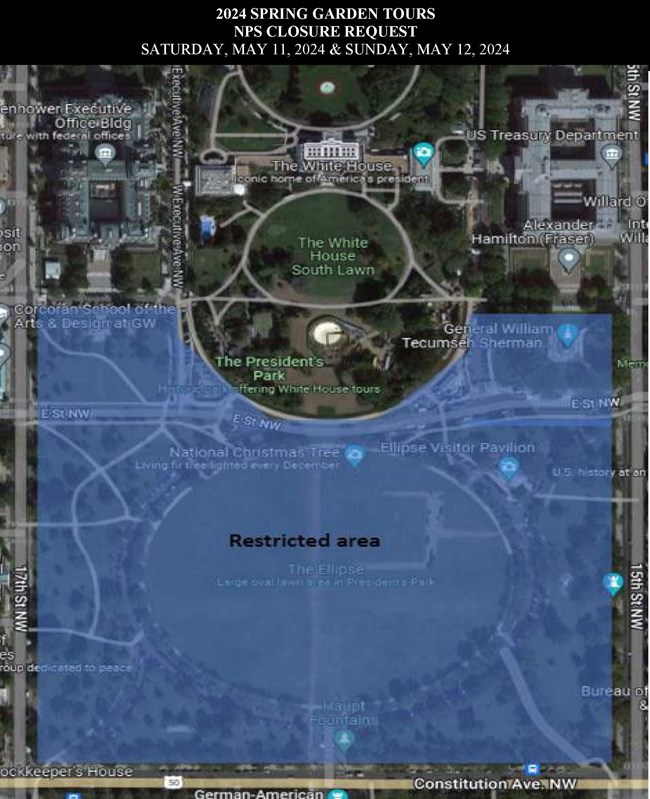 Map showing areas of closure in President's park associated with the 2024 Spring White House Gardens Tour on May 11 and May 12, 2024.