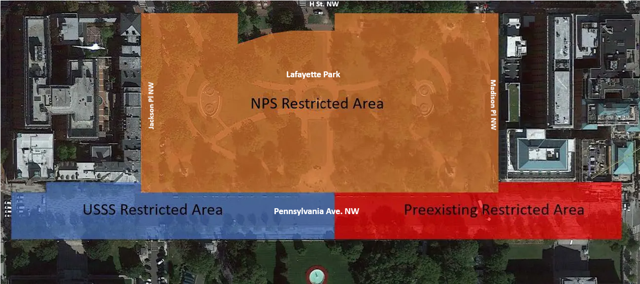 A map of park closures including Lafayette Park and nearby Pennsylvania Ave NW