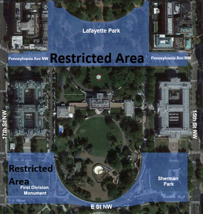 A map showing areas closed in President's Park, indicated in blue