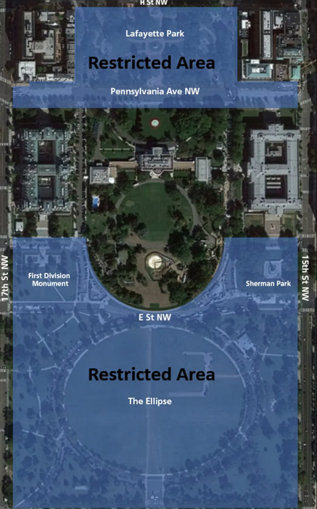 A map displaying the closed portions of President's Park outlined in blue, with white text labels for street and park area names