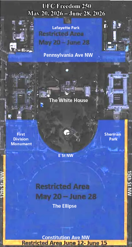 A map indicating park closures for the UFC Freedom 250 event
