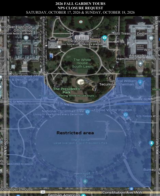 A map of President's Park indicating in blue the areas closed to the public for the Fall Garden Tours