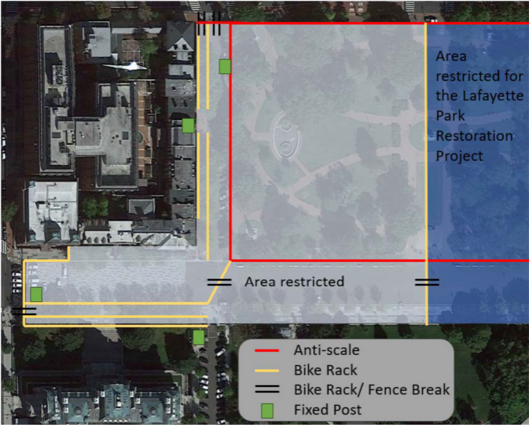 A map of closures on the West half of Lafayette Park and Pennsylvania Ave