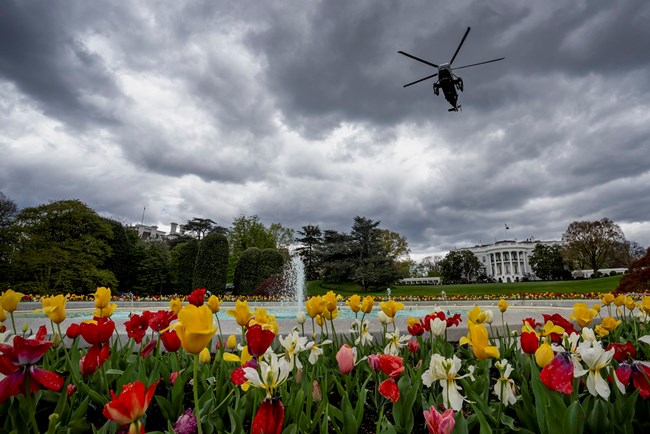 Marine One, with President Joe Biden aboard, lifts off from the South Lawn of the White House, April 5, 2024