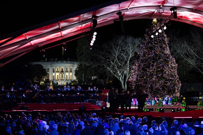 A lit Christmas Tree in front of the White House; a band sits onstage and audience members look on.