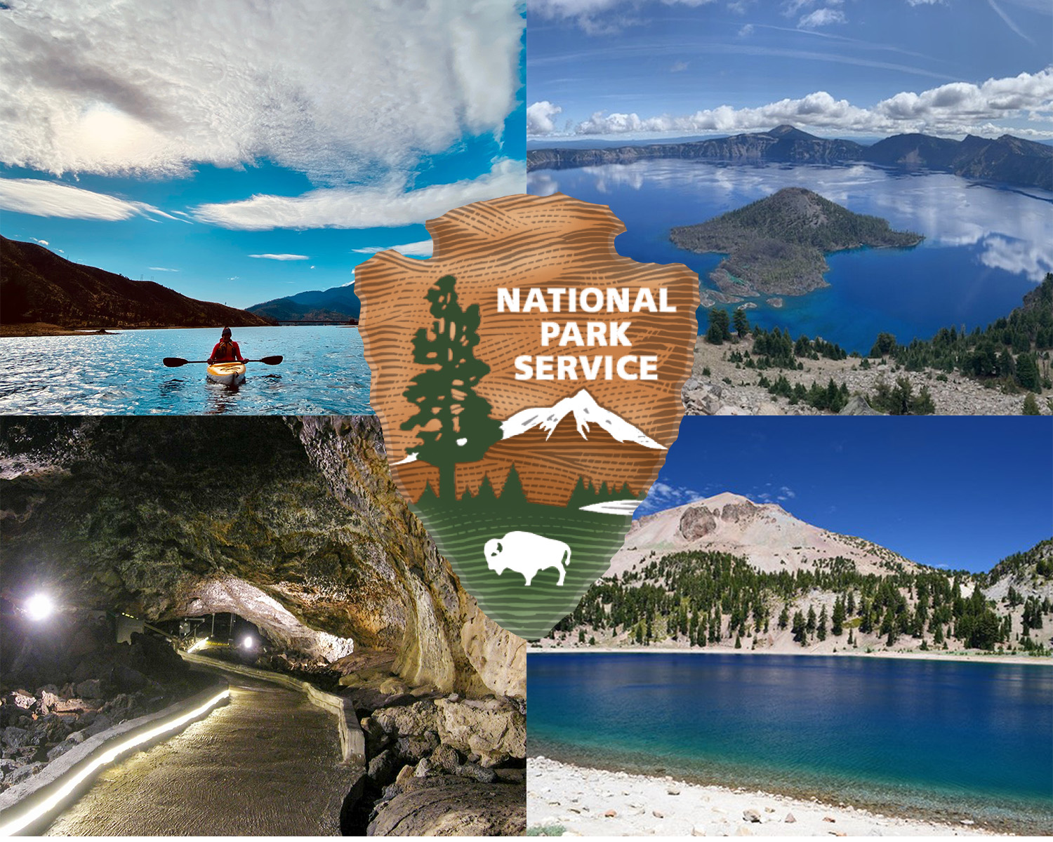 Four photos representing each of the four participating parks with an NPS arrowhead overlay.