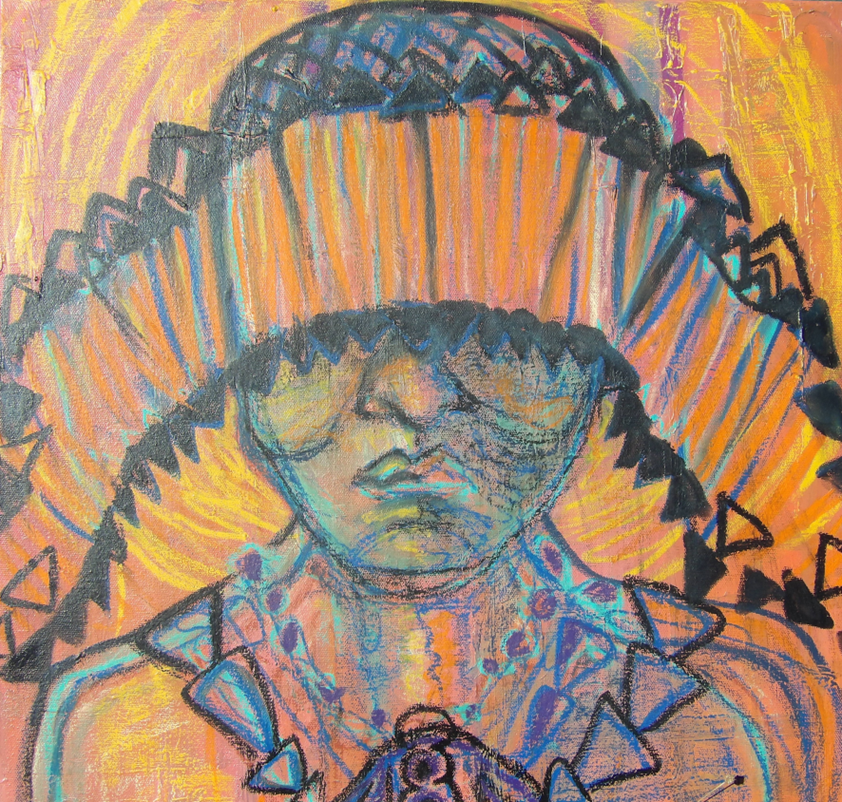 "ḰALAQ ChONOS” - FEATHER DANCE. Painting by Jesi Naomi, Whiskeytown Artist-in-Residence, November 2024.