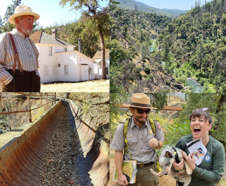 Clockwise from top left: Jerry Gordon, Living History Interpreter in front of Camden House. Clear Creek Gorge from Guardian Rock Trail. A Park Ranger and BARK Rangers. Crystal Creek Water Ditch Trail metal flume section.