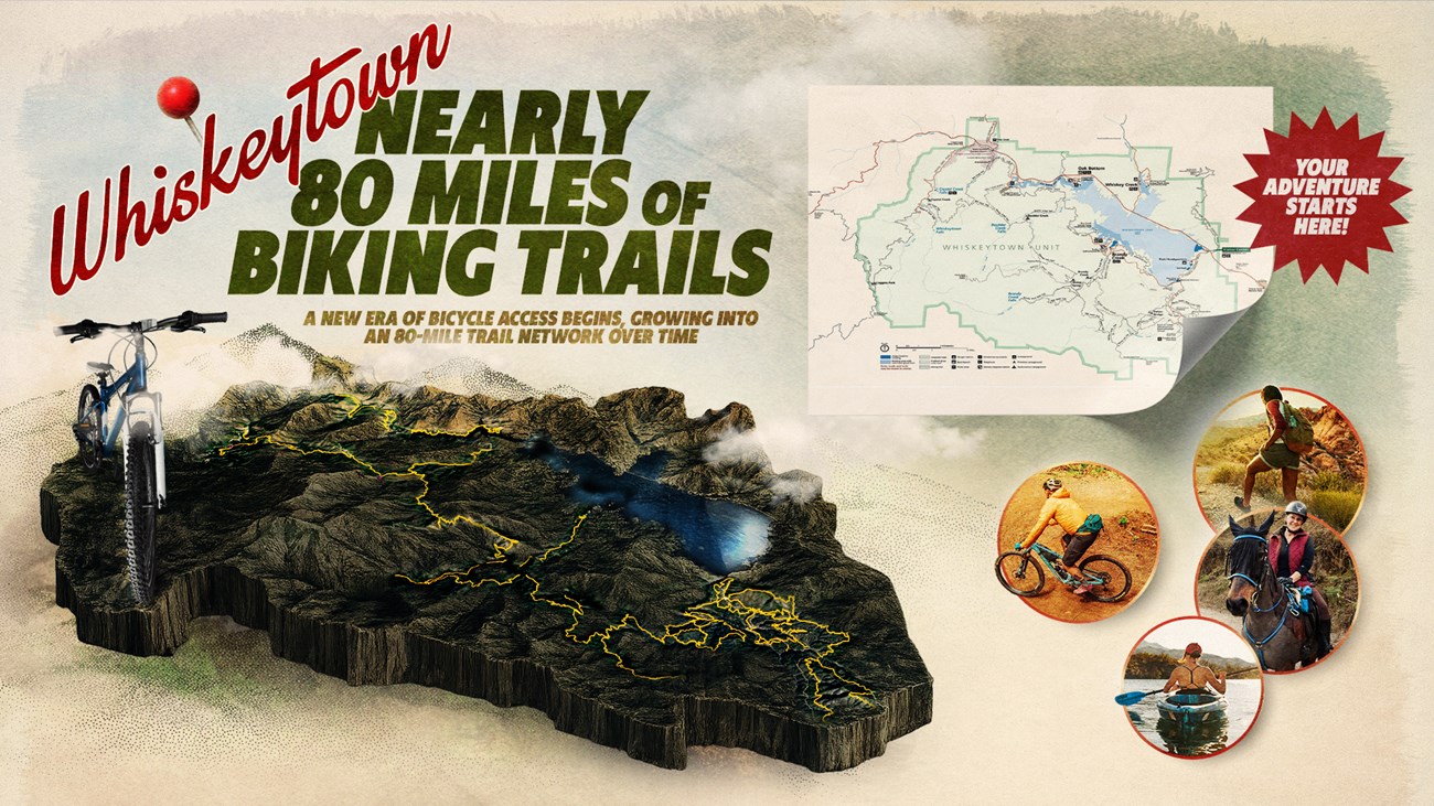 An image of the park map showing the new mountain bike trails in bright yellow. It reads "Whiskeytown-Nearly 80 miles of biking trail, a new era of bicycle access begins, growing into an 80-mile trail network over time.