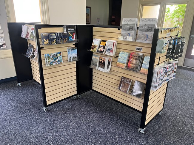 5 foot high shelves are fill with a variety of books